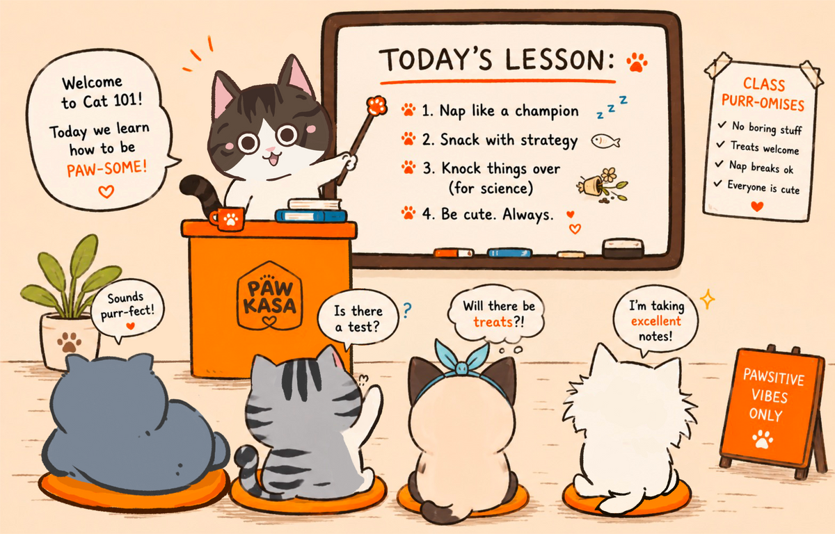 PawKasa cats in a playful classroom lesson