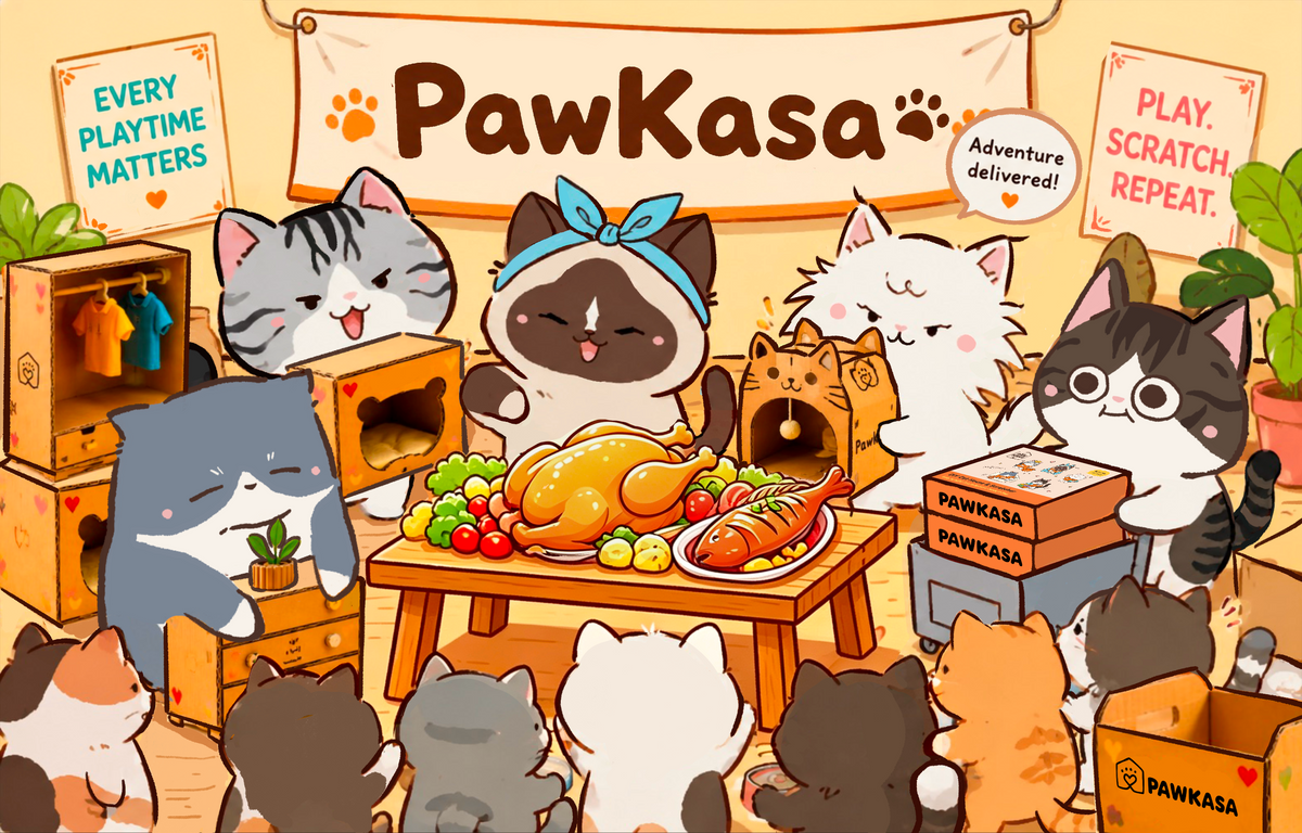 PawKasa cats gathered around products and play scenes
