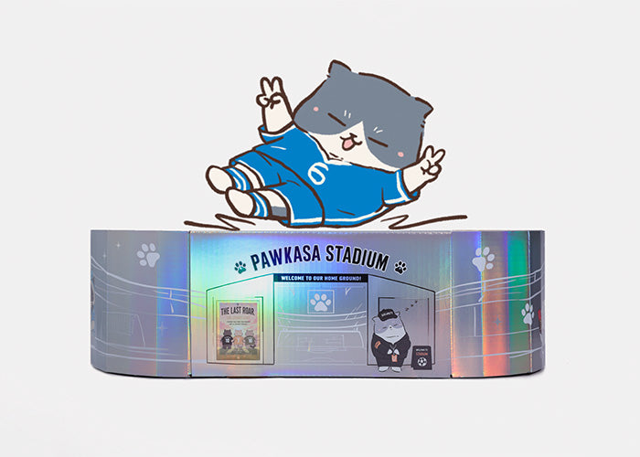 Cat house with a holographic iridescent stadium exterior facade