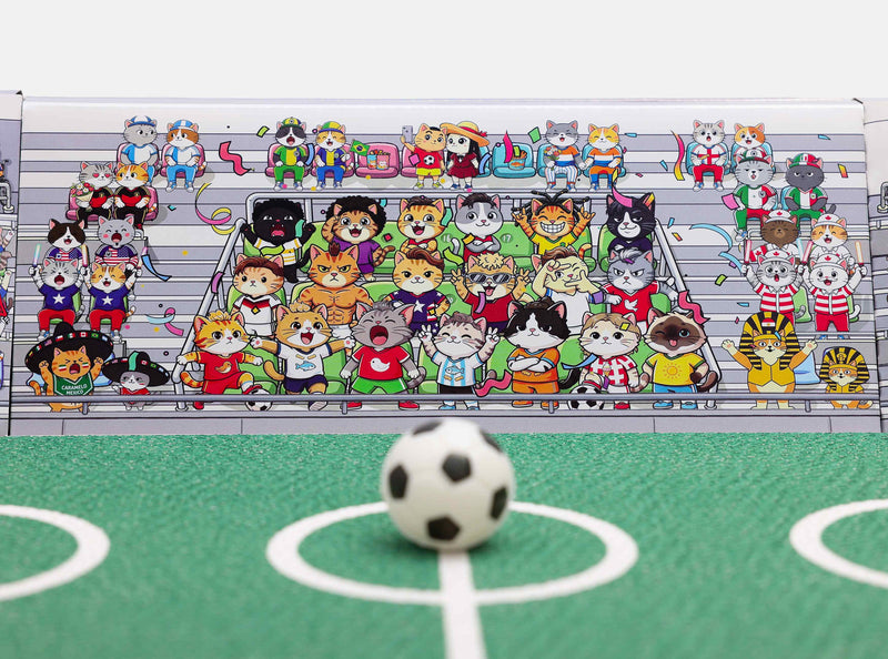 Cat figures inspired by legendary football players sitting in the VIP section of a stadium