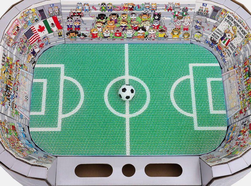 Cat scratcher shaped like a football stadium pitch, with customizable team support message on the back