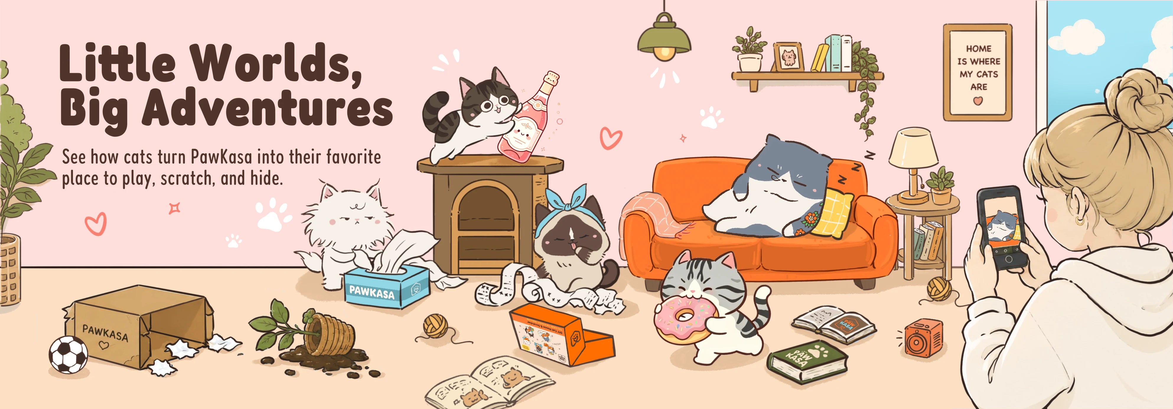 Little Worlds, Big Adventures. Cats playing with PawKasa furniture at home.