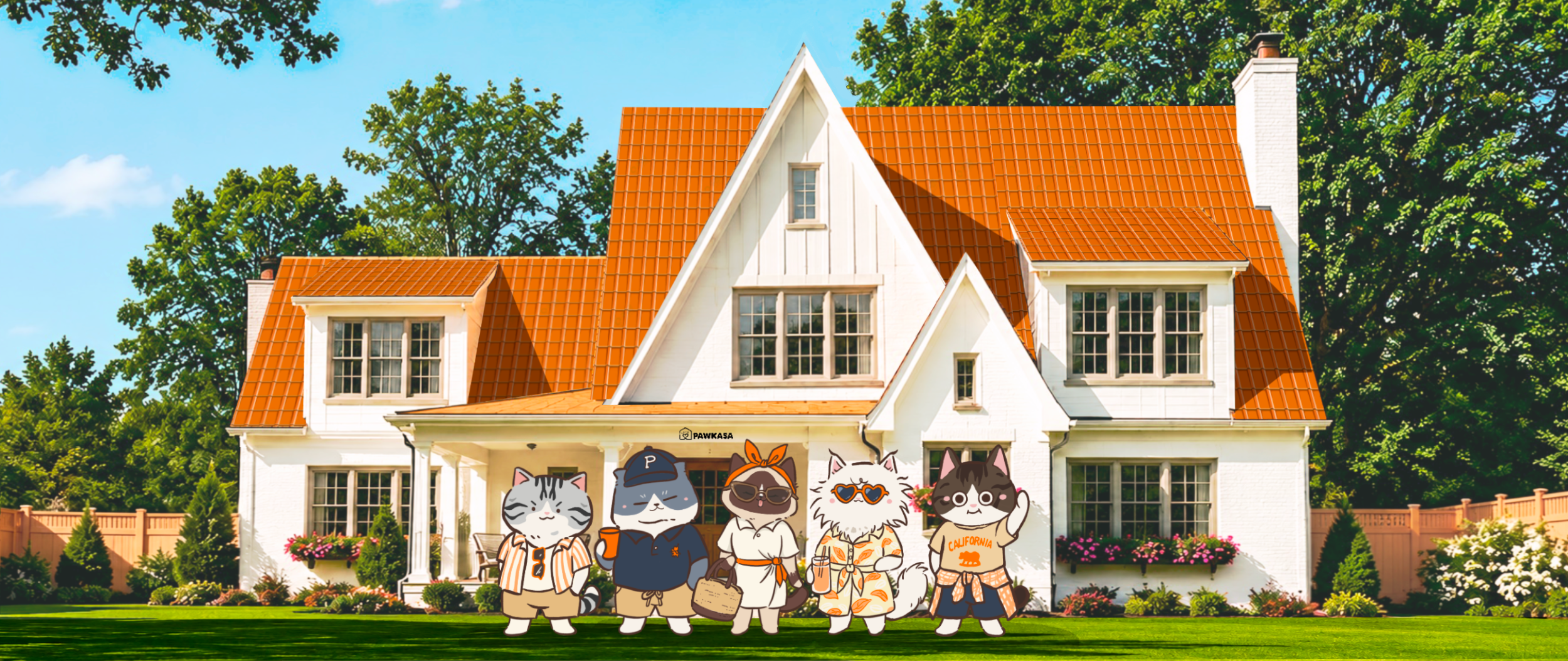 PawKasa cats in front of a cozy cardboard home